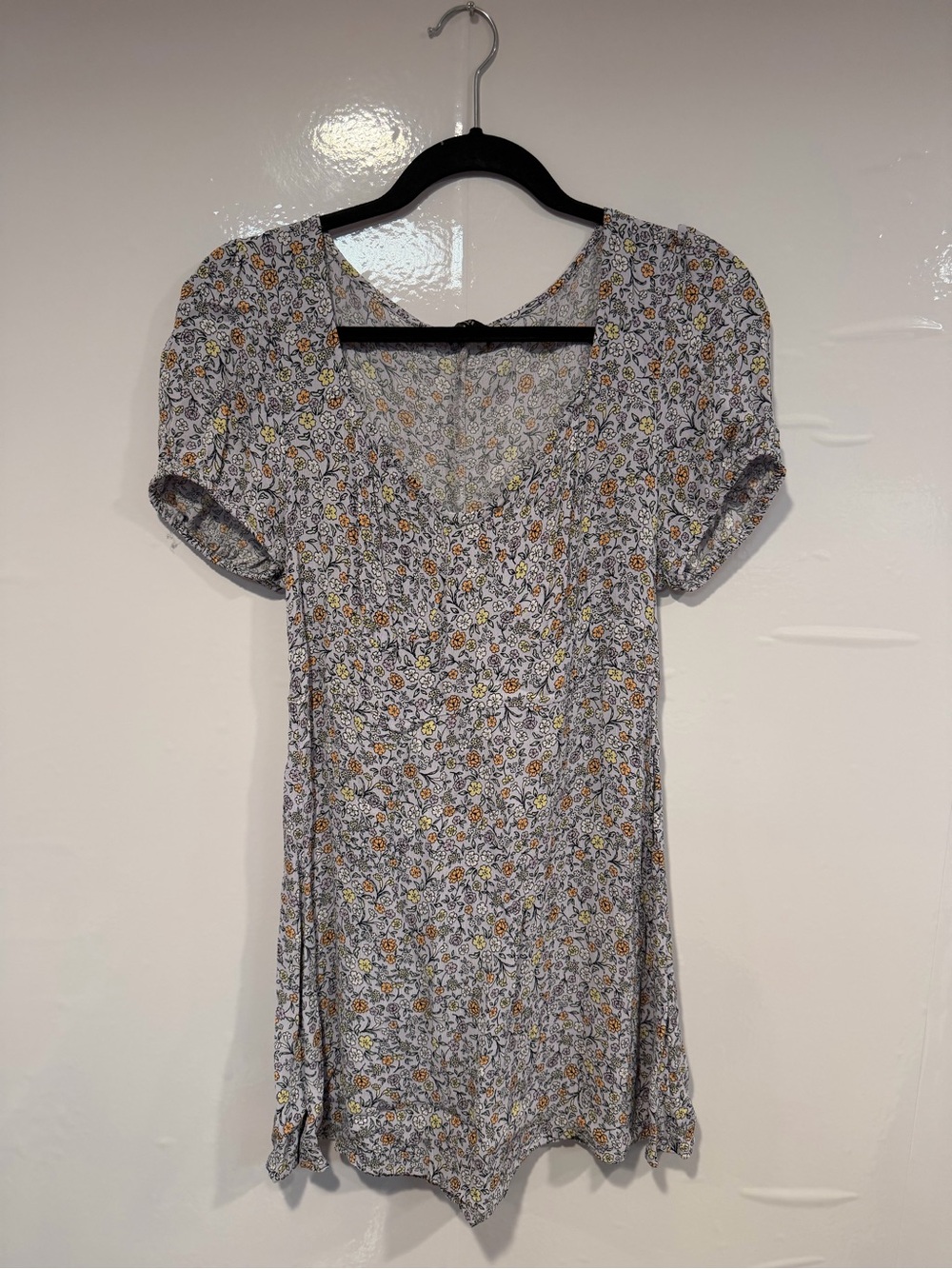 Floral V-Neck Short Sleeve Cotton On dress - Blue‎ with Yellow Floral Print